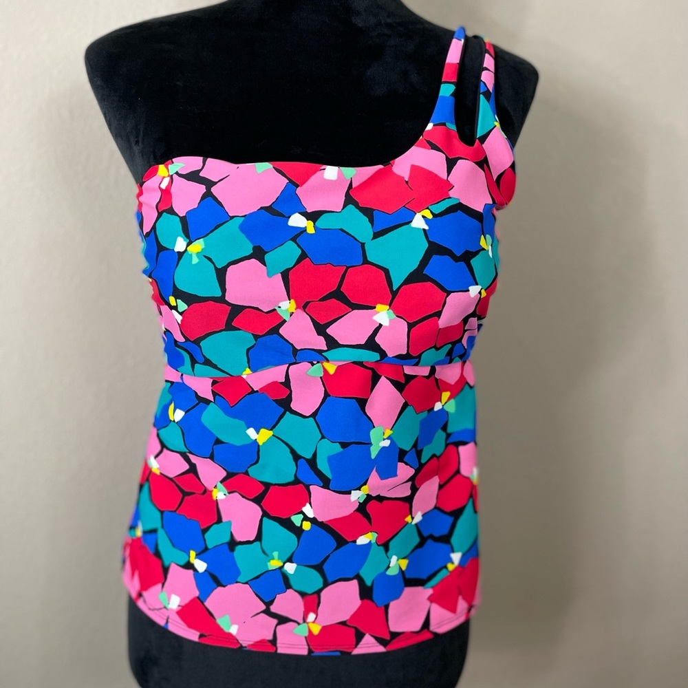 Aerie colorful floral one shoulder padded tankini swim top, sz XL
